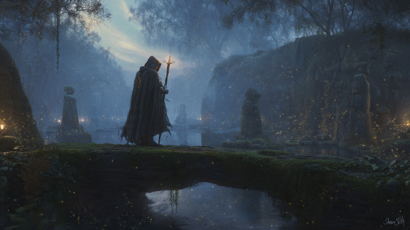 Mysterious Sorcerer in an Enchanted Swamp | HD Fantasy Wallpaper